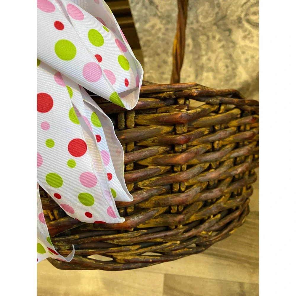Rustic Heart Shaped Basket, Excelsior, Polka‎ Dot Ribbon Bow, Twisted Handle